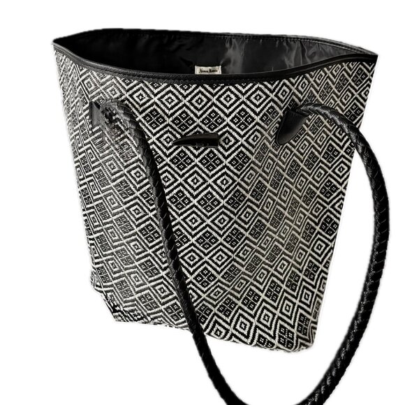 Neiman Marcus Tribal Bucket Bag Tote Black White Diamond Braided Handles EUC - Picture 2 of 6
